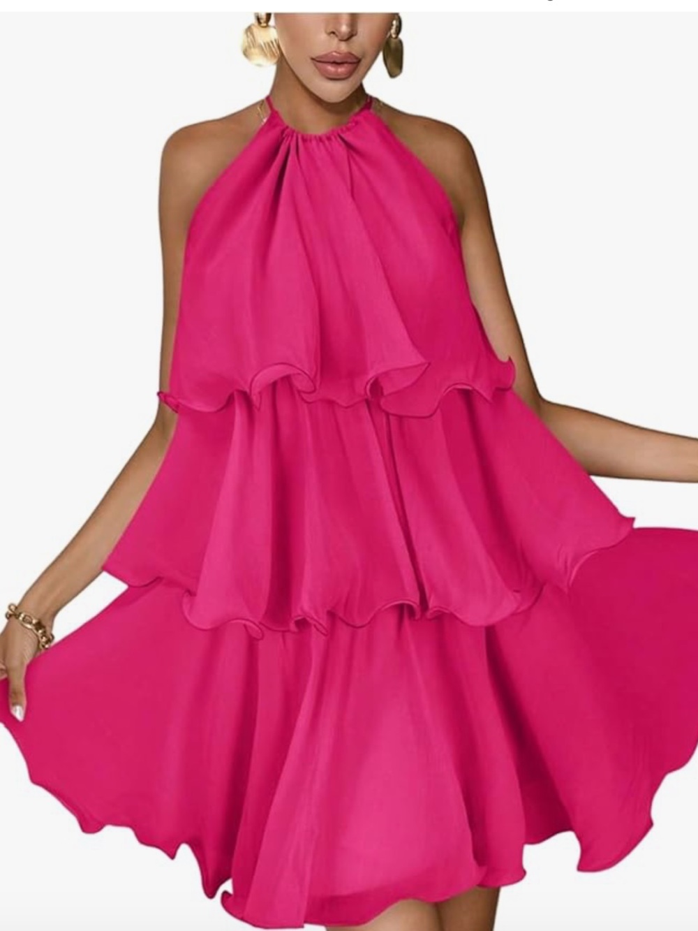 Ruffled Halter Tiered Mini Dress in Hot Pink